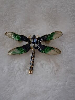 Vintage Green and Blue Dragonfly Brooch with Gold Accents